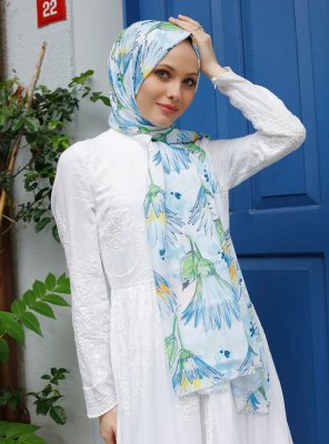 Yumna - Blå Blad Mönstrad Hijab