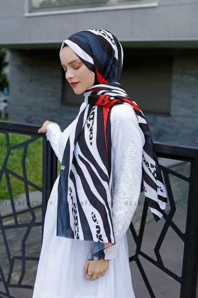 Emel - Marinblå & Röd Mönstrad Hijab - Sal Evi