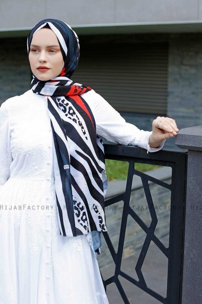 Emel - Marinblå & Röd Mönstrad Hijab - Sal Evi