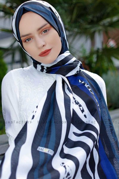 Emel - Marinblå & Vit Mönstrad Hijab - Sal Evi