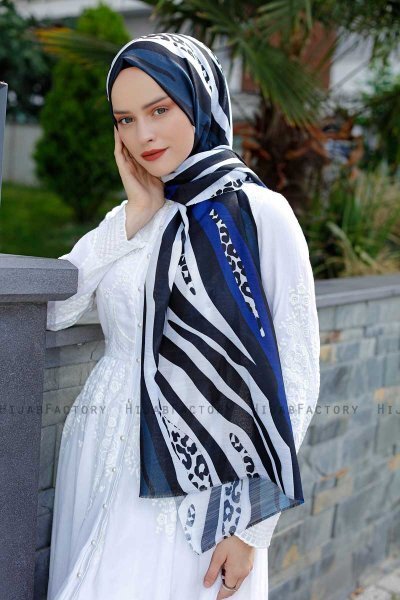 Emel - Marinblå & Vit Mönstrad Hijab - Sal Evi