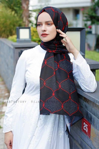 Tutku - Röd & Svart Mönstrad Hijab - Sal Evi
