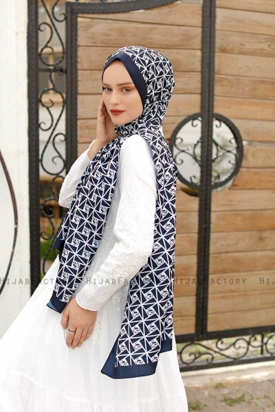 Marinblå Mönstrad Twill Hijab - Sal Evi