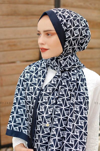 Marinblå Mönstrad Twill Hijab - Sal Evi