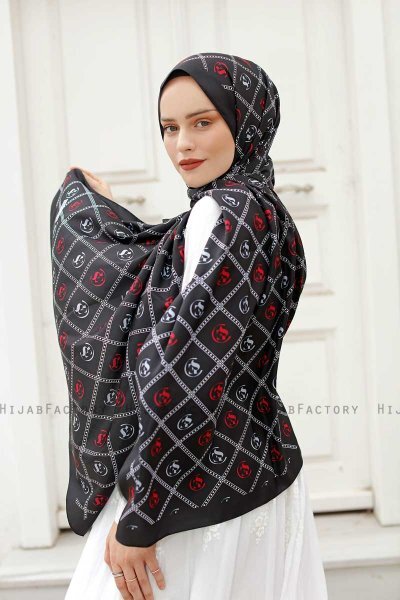 Röd Mönstrad Twill Hijab - Sal Evi