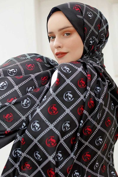 Röd Mönstrad Twill Hijab - Sal Evi