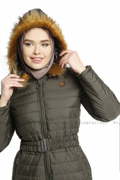 Yeliz - Khaki Lång Jacka Med Luva