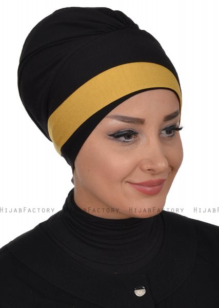 Elsa - Svart & Senapsgul Bomull Turban