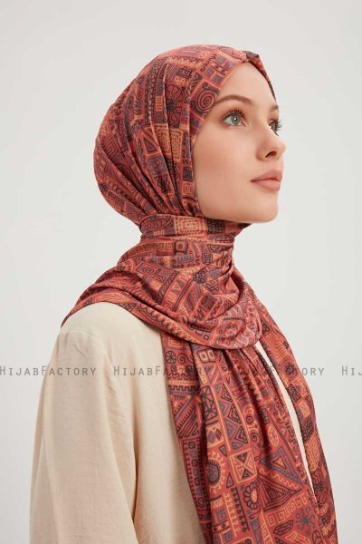 Gulya - Tegelröd Mönstrad Hijab