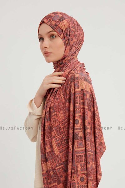 Gulya - Tegelröd Mönstrad Hijab