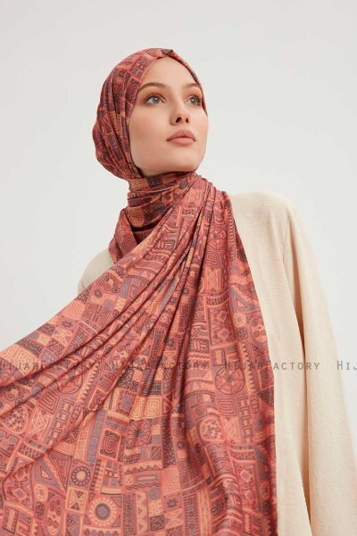 Gulya - Tegelröd Mönstrad Hijab