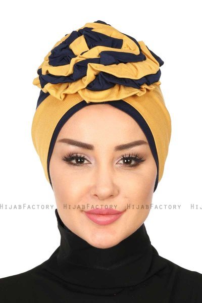Clara - Senapsgul & Marinblå Bomull Turban
