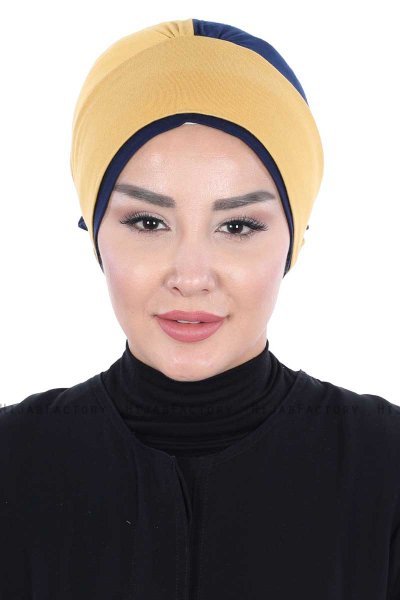 Clara - Senapsgul & Marinblå Bomull Turban