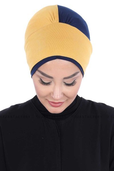 Clara - Senapsgul & Marinblå Bomull Turban