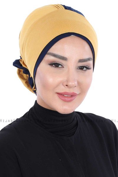 Clara - Senapsgul & Marinblå Bomull Turban