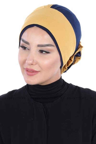 Clara - Senapsgul & Marinblå Bomull Turban