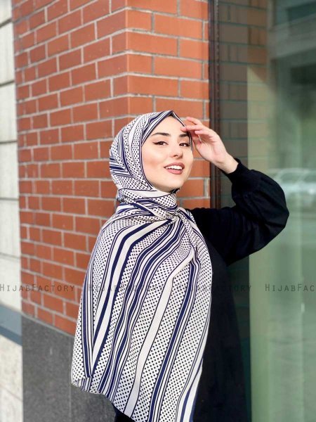 Dalal - Marinblå & Creme Mönstrad Crepe Hijab