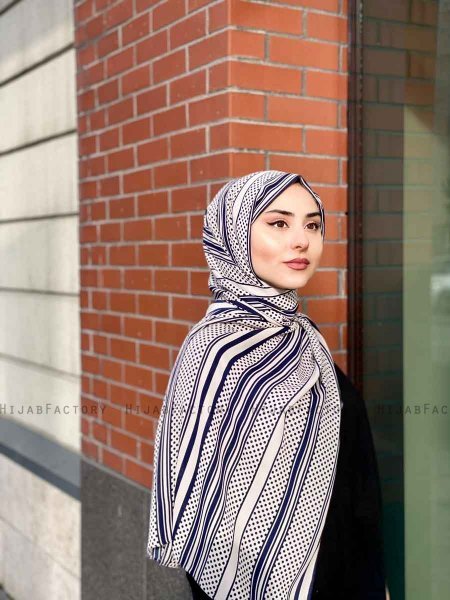 Dalal - Marinblå & Creme Mönstrad Crepe Hijab