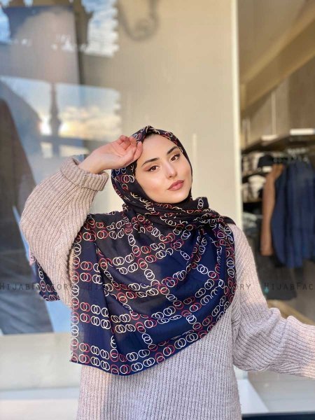 Elyas - Marinblå Mönstrad Bomull Hijab - Mirach