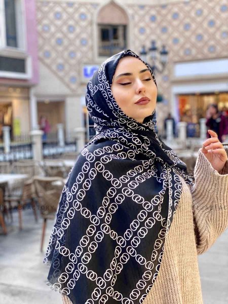 Elyas - Svart Mönstrad Bomull Hijab - Mirach