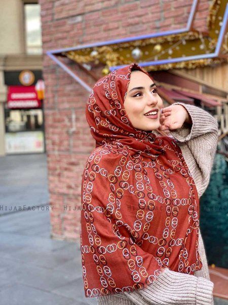 Elyas - Tegelröd Mönstrad Bomull Hijab - Mirach