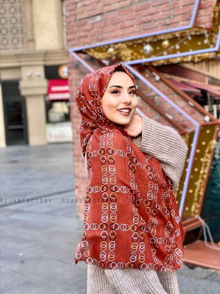 Elyas - Tegelröd Mönstrad Bomull Hijab - Mirach
