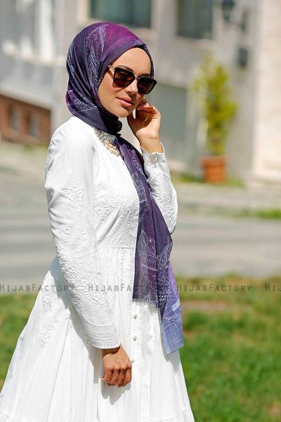 Isfa - Lila Mönstrad Hijab - Sal Evi