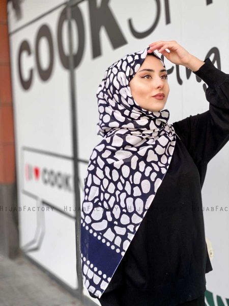 Iza - Marinblå & Vit Mönstrad Bomull Hijab - Mirach