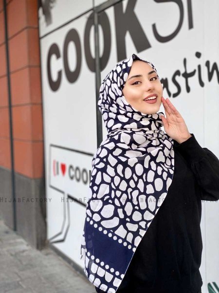 Iza - Marinblå & Vit Mönstrad Bomull Hijab - Mirach
