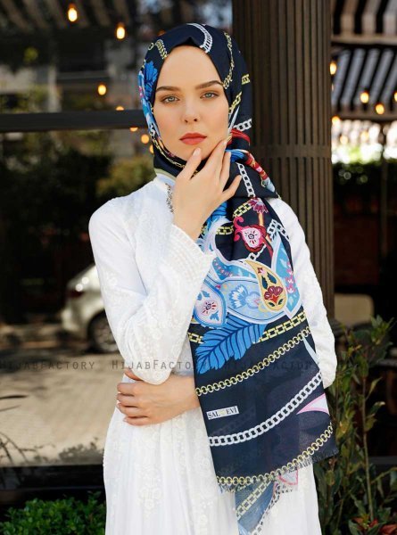 Jumana - Marinblå Mönstrad Hijab - Sal Evi