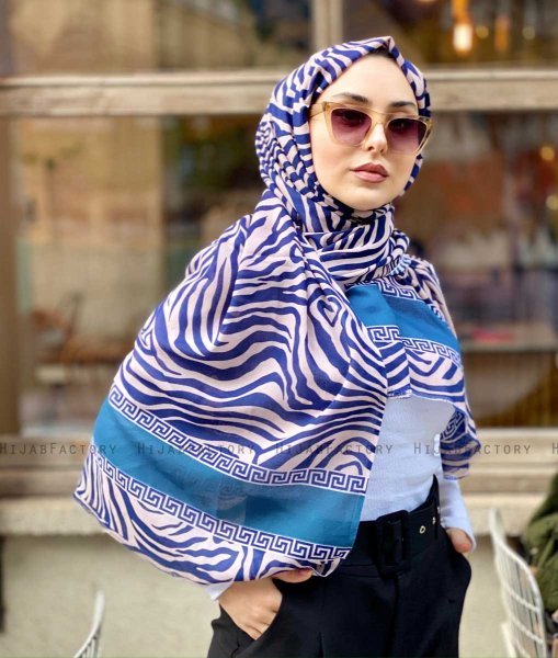Kadifa - Marinblå & Beige Mönstrad Bomull Hijab - Mirach
