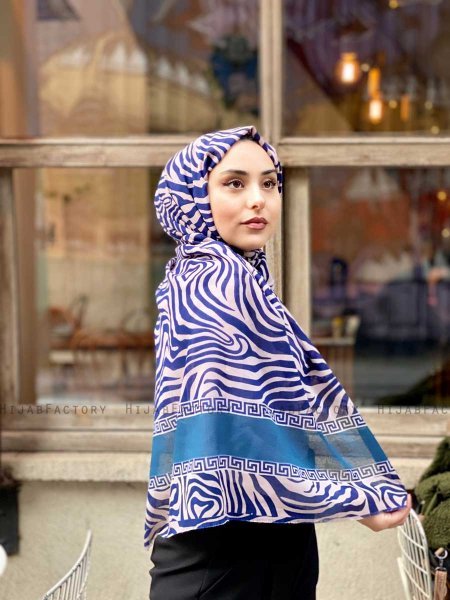 Kadifa - Marinblå & Beige Mönstrad Bomull Hijab - Mirach