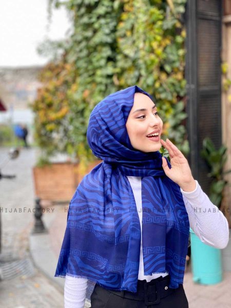 Kadifa - Marinblå Mönstrad Bomull Hijab - Mirach