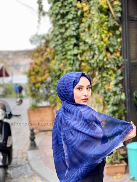 Kadifa - Marinblå Mönstrad Bomull Hijab - Mirach