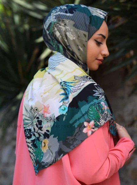 Khawla - Grön & Khaki Mönstrad Bomull Hijab