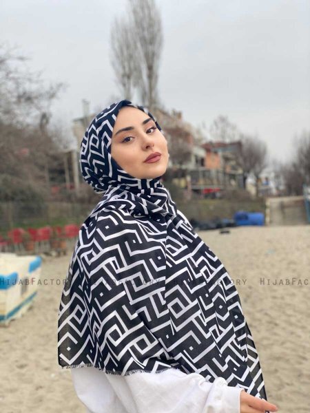 Meher - Svart Mönstrad Bomull Hijab