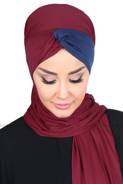 Mikaela - Bordeaux & Marinblå Praktisk Bumull Hijab