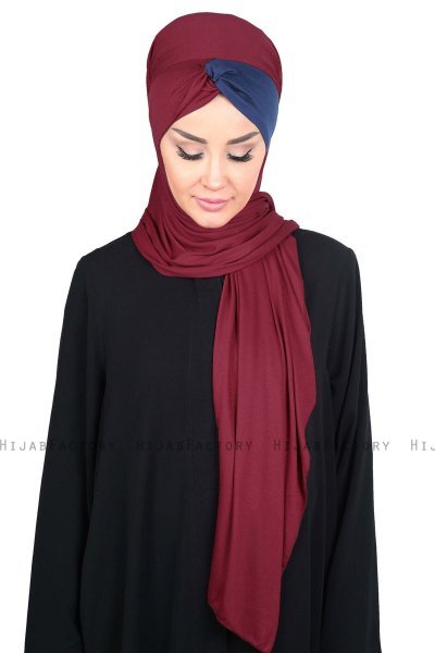 Mikaela - Bordeaux & Marinblå Praktisk Bumull Hijab