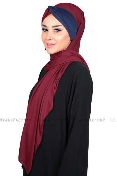 Mikaela - Bordeaux & Marinblå Praktisk Bumull Hijab