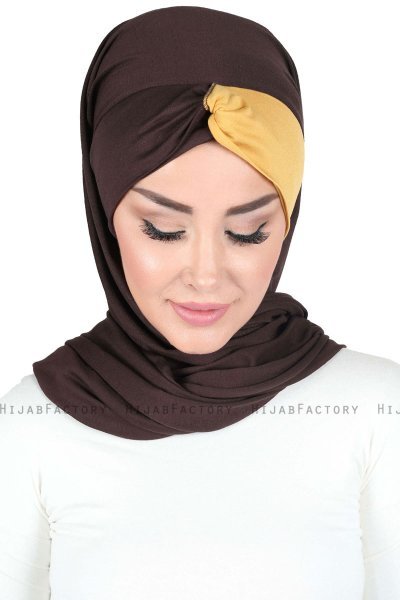 Mikaela - Brun & Senapsgul Praktisk Bumull Hijab