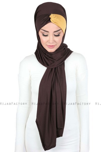 Mikaela - Brun & Senapsgul Praktisk Bumull Hijab