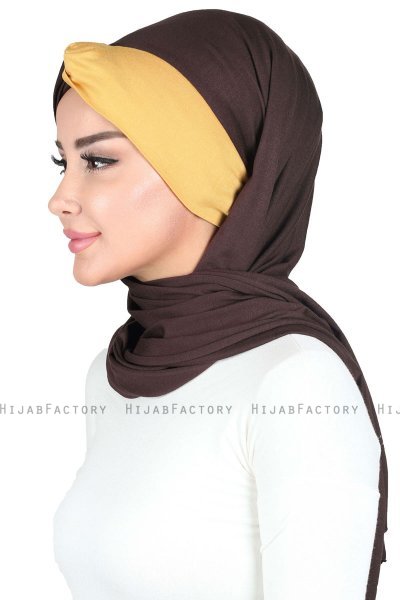 Mikaela - Brun & Senapsgul Praktisk Bumull Hijab