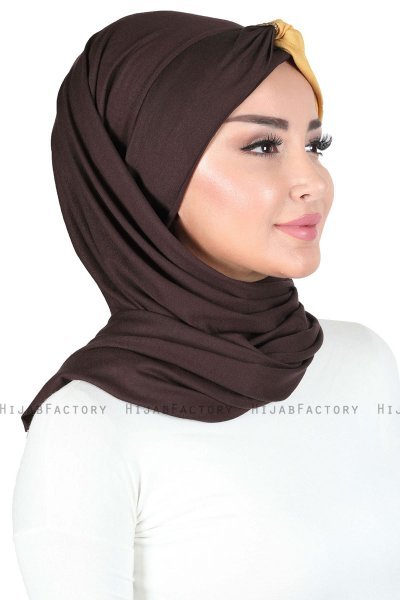 Mikaela - Brun & Senapsgul Praktisk Bumull Hijab