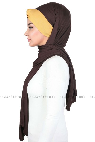 Mikaela - Brun & Senapsgul Praktisk Bumull Hijab