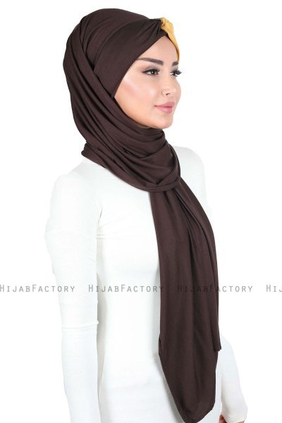 Mikaela - Brun & Senapsgul Praktisk Bumull Hijab