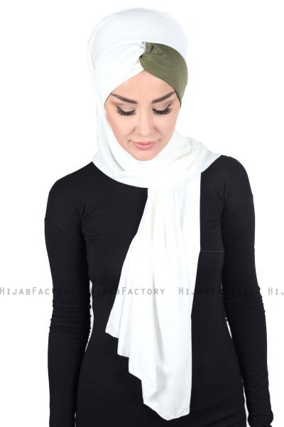 Mikaela - Creme & Khaki Praktisk Bumull Hijab