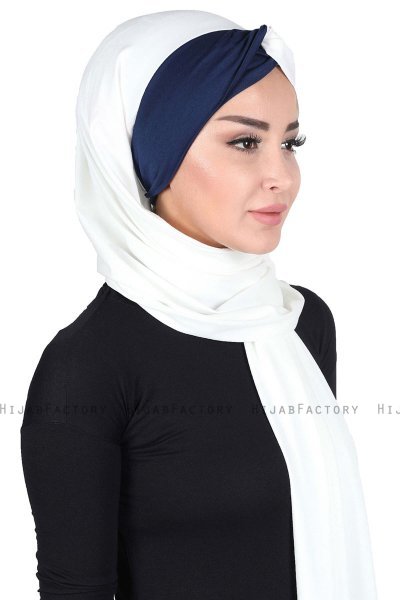 Mikaela - Creme & Marinblå Praktisk Bumull Hijab