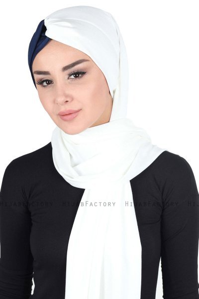 Mikaela - Creme & Marinblå Praktisk Bumull Hijab