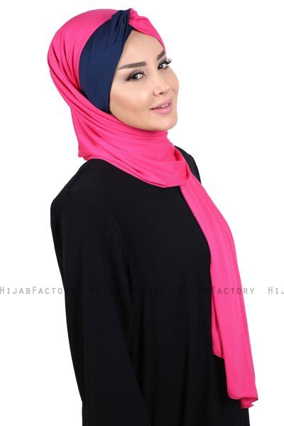 Mikaela - Fuchsia & Marinblå Praktisk Bumull Hijab