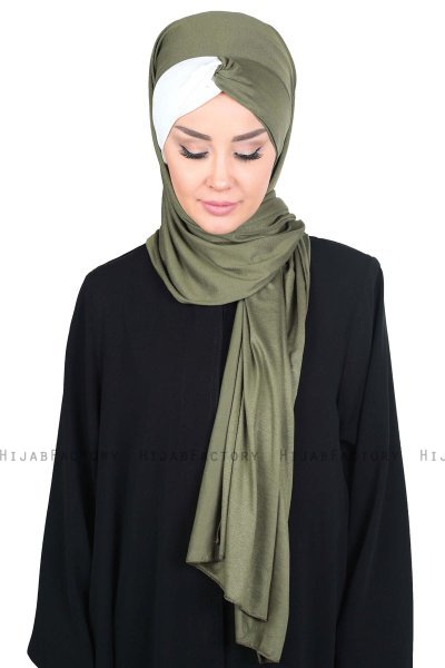 Mikaela - Khaki & Creme Praktisk Bumull Hijab